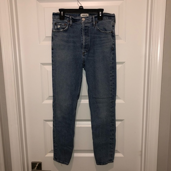 Agolde Blue Denim Nico High Rise Skinny Jeans Raw Distressed Hem sz 27 - Picture 3 of 9